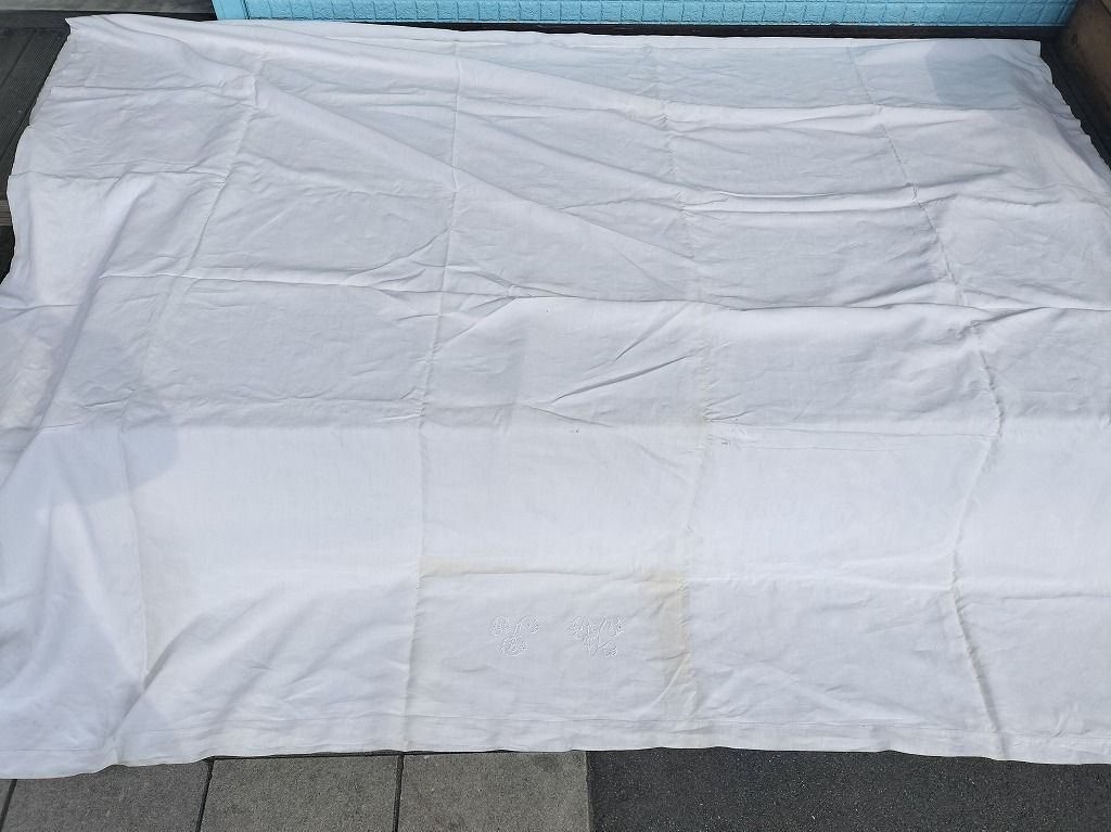 フランス アンティーク リネン 無地 シーツ 大 モノグラム 刺繍