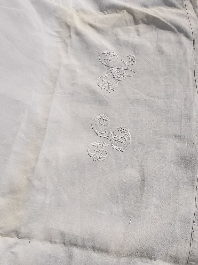 フランス アンティーク 小売業者 リネン 無地 シーツ 大 モノグラム
