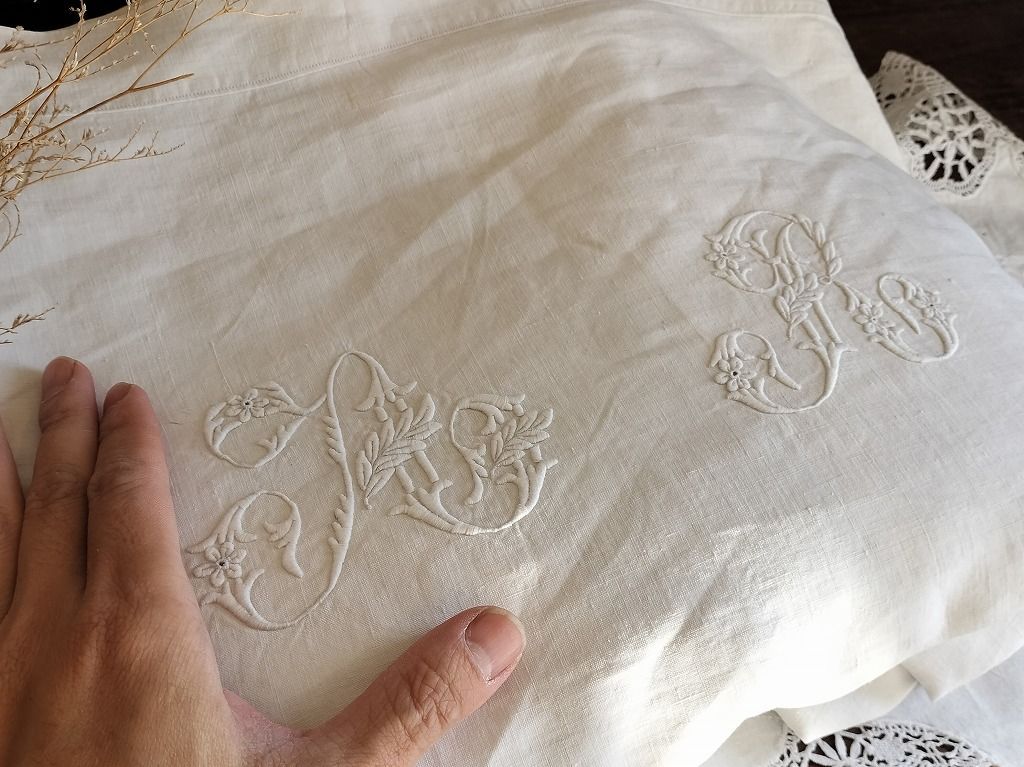 フランス アンティーク リネン 無地 シーツ 大 モノグラム 刺繍