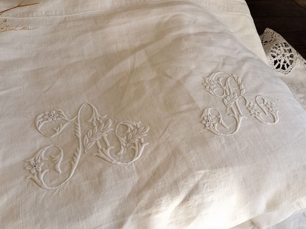 フランス アンティーク リネン 無地 シーツ 大 モノグラム 刺繍