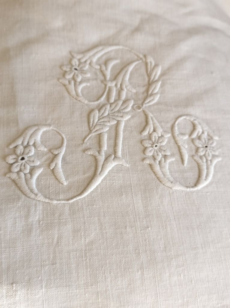 フランス　アンティーク　シーツ　リネン　モノグラムとドット フランス アンティーク シーツ リネン モノグラムとドット フランス