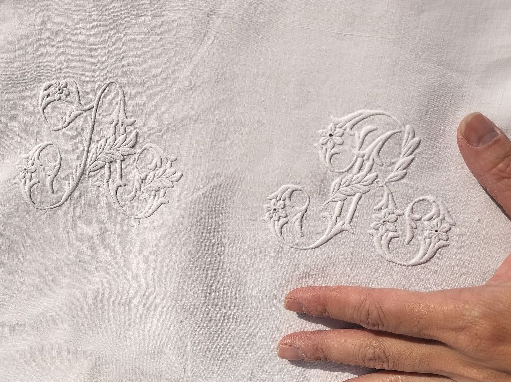 フランス アンティーク リネン 無地 シーツ 大 モノグラム 刺繍