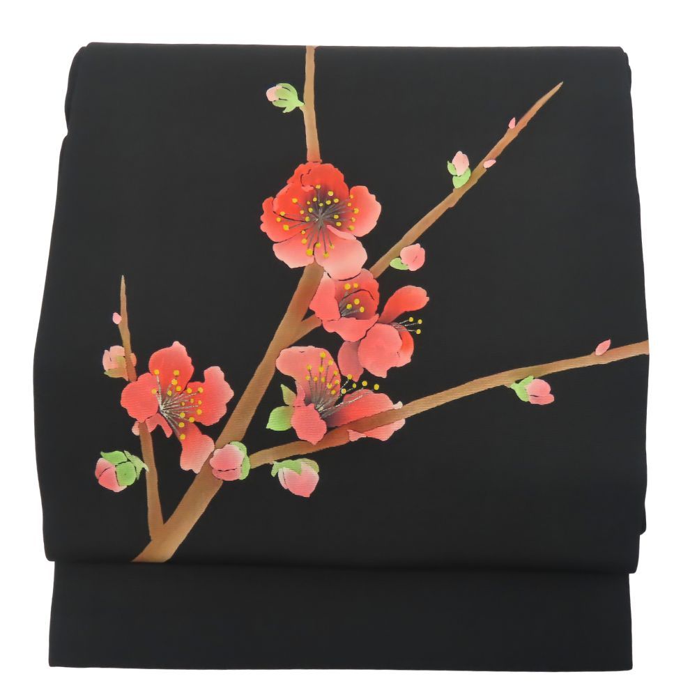 中古 名古屋帯 塩瀬 正絹(金銀糸除く) ブラック ピンク 梅 松葉仕立て お洒落 和装 呉服 和服 きもの レディース 女性 中古】 名古屋帯 塩瀬 正絹(金銀糸除く) ブラック ピンク 梅 松葉