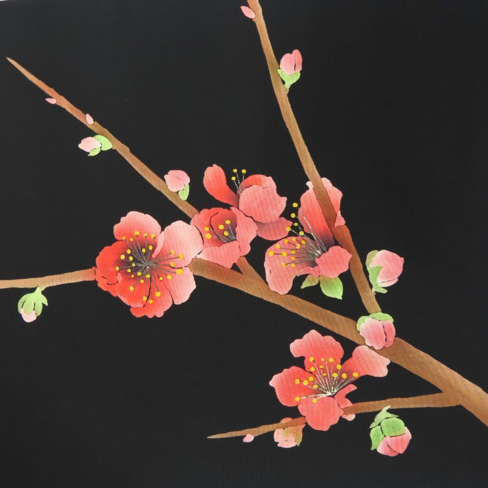 中古】 名古屋帯 塩瀬 正絹(金銀糸除く) ブラック ピンク 梅 松葉