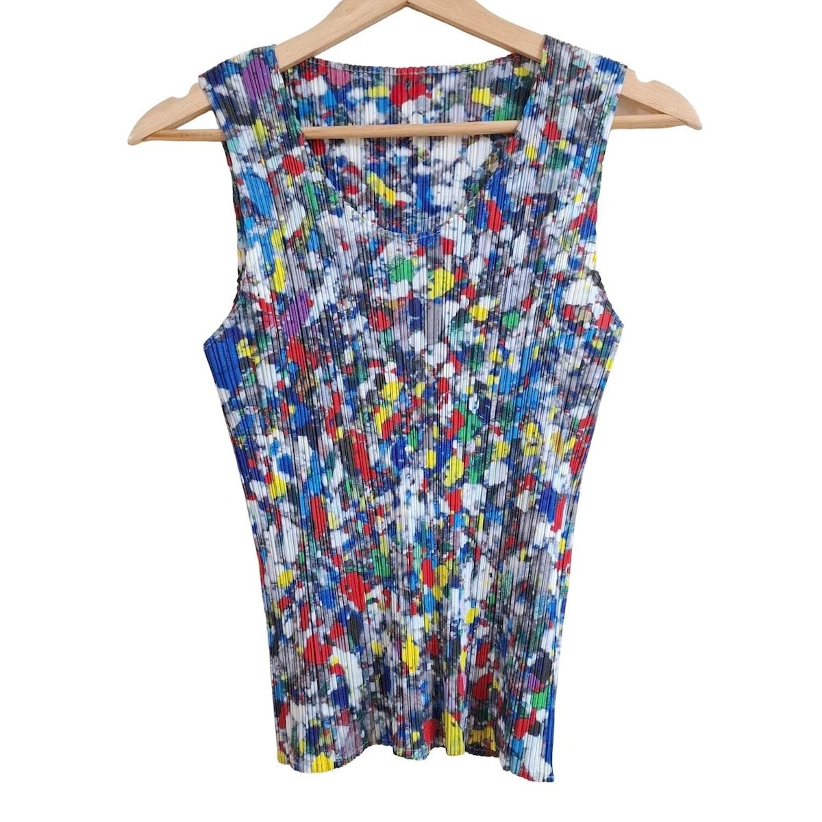 PLEATS PLEASE プリーツプリーズ ノースリーブカットソー サイズ4 XL レディース - ブルー×白×マルチ 総柄