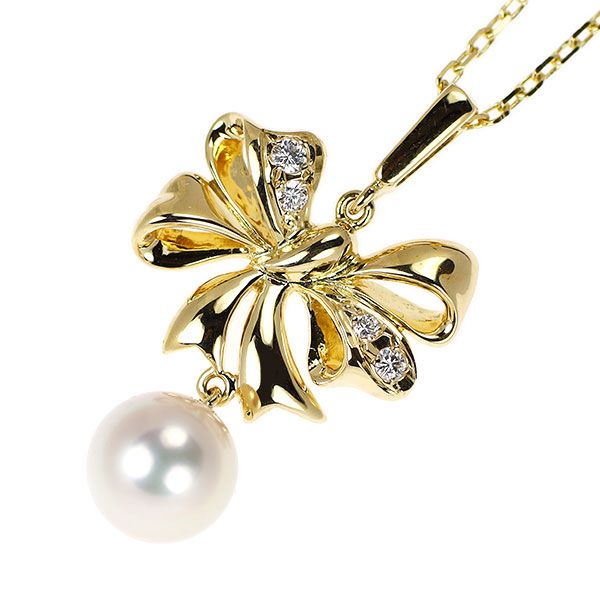ミキモト K18YG アコヤ真珠 ダイヤモンド ペンダントネックレス リボン