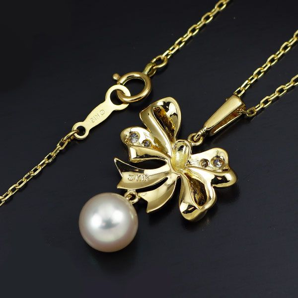 ミキモト K18YG アコヤ真珠 ダイヤモンド ペンダントネックレス リボン