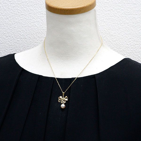 ミキモト K18YG アコヤ真珠 ダイヤモンド ペンダントネックレス リボン