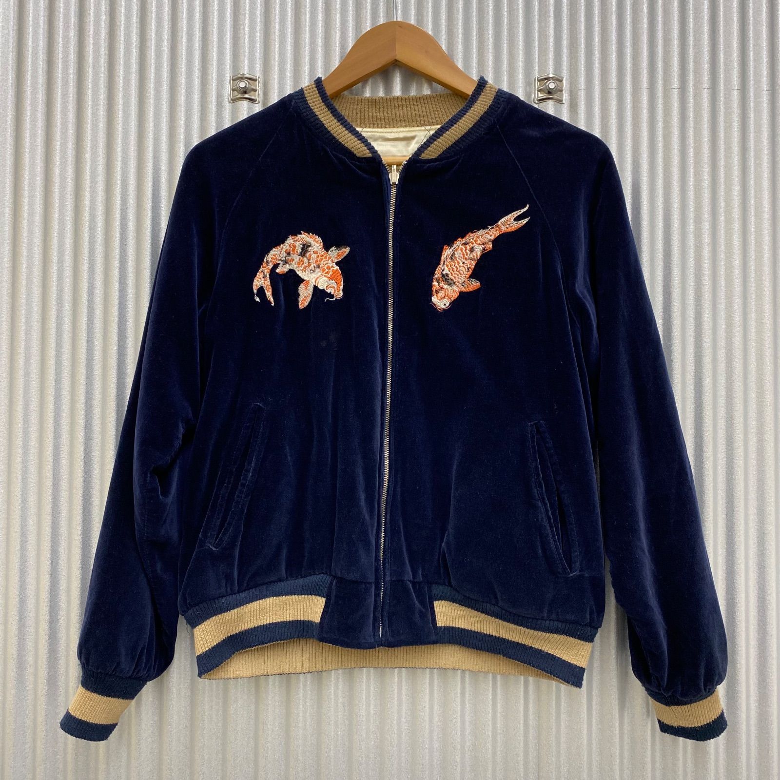 SHINS期 ドゥニーム スカジャン 鯉 鶏 藍染 刺繍 ベロア リバーシブル
