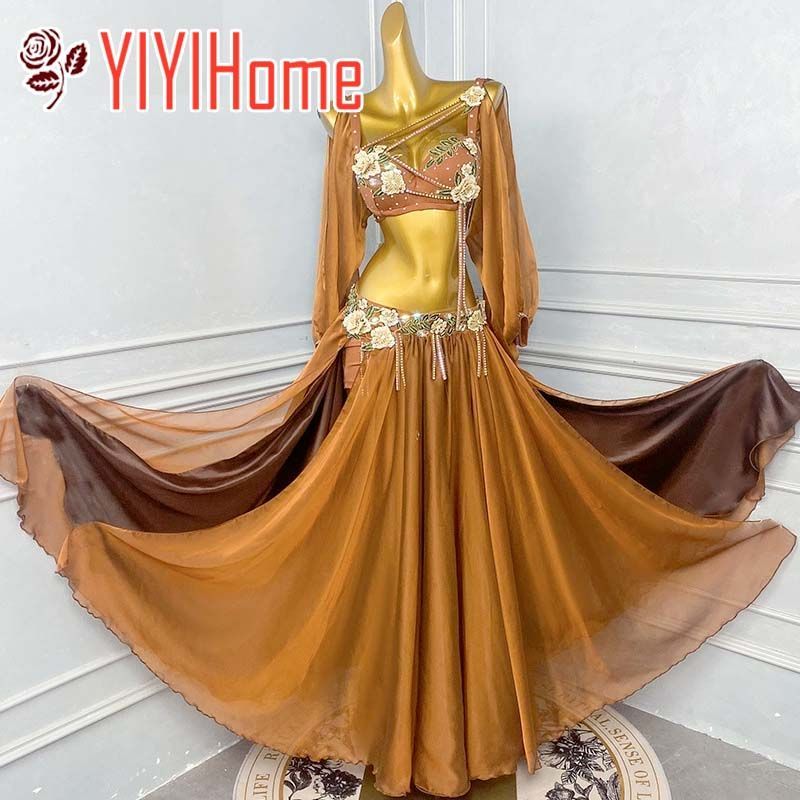 ベリーダンス ダンス衣装 セット ハロウィン コスプレ 仮装 パーティー 余興用 レッスン着 トップス スカート(インナーパンツ付き)2点セット 社交ダンス 発表会 ラテンダンス 演出 団体 揃え キャメル