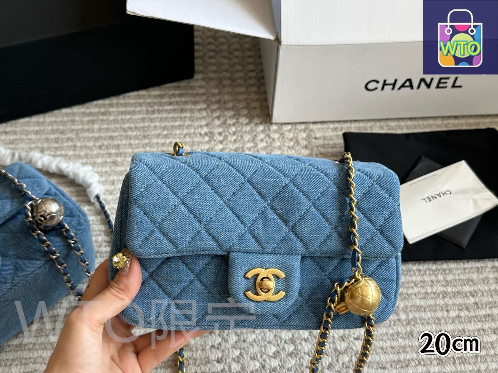 今日特価】Chanel デニム ゴールドボール クラシックフラップ 20cm-WTO