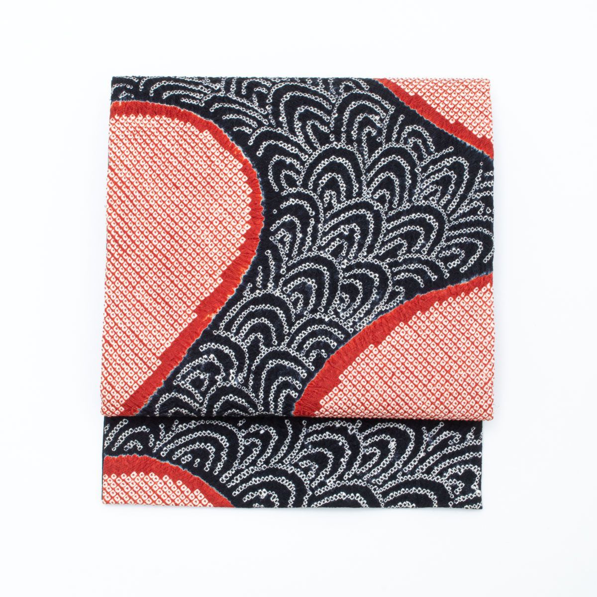 開き名古屋帯 総絞り 鹿の子 青海波 黒 疋田丸文 赤錆色 正絹 九寸