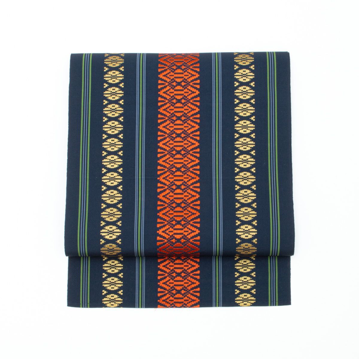 開き名古屋帯 本場筑前 博多織 献上柄 紺 赤 黄色 緑 青 単衣仕立て 長