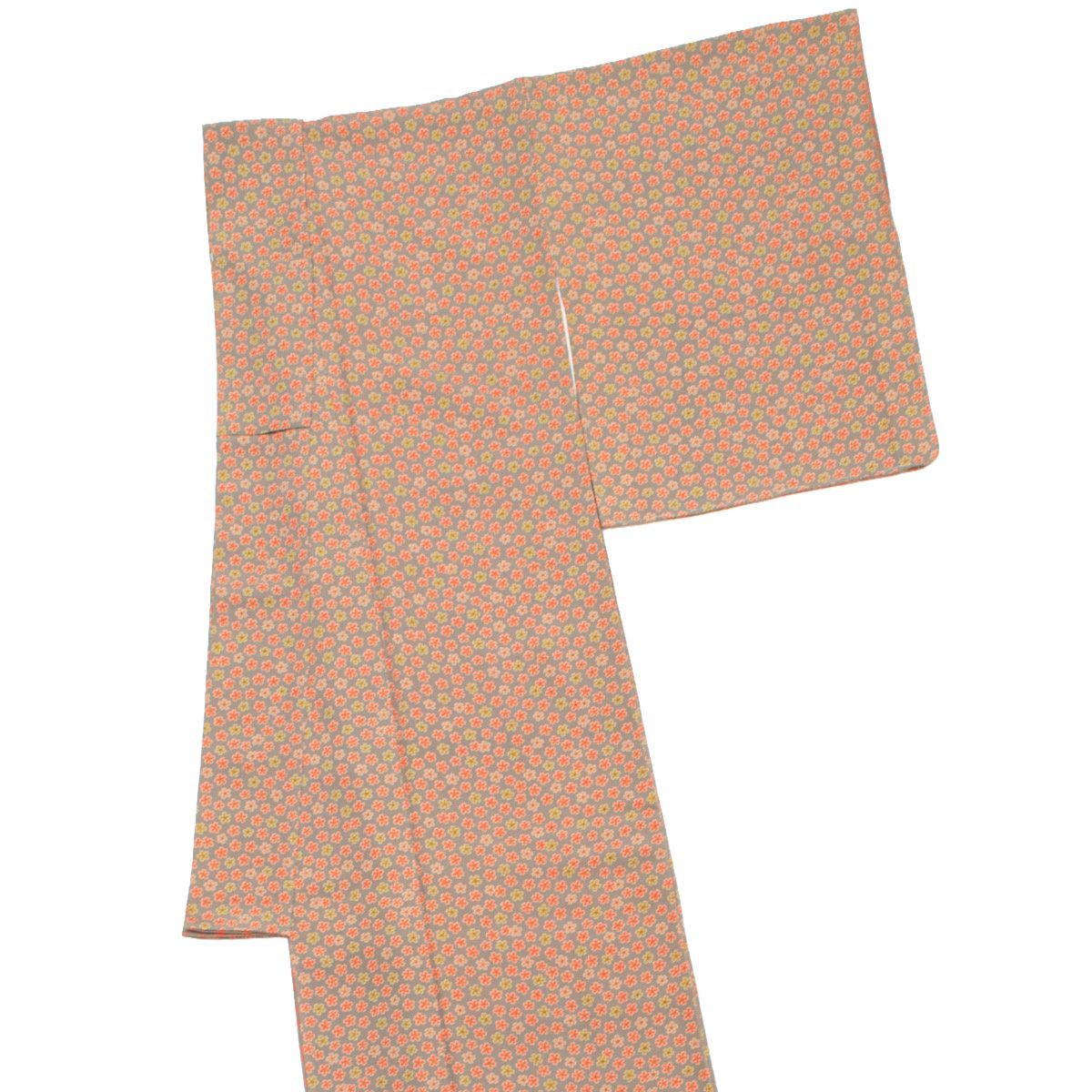 美品】小紋 友禅 桜の花 利休茶 仕付け糸付き 正絹 袷 身丈：約161cm