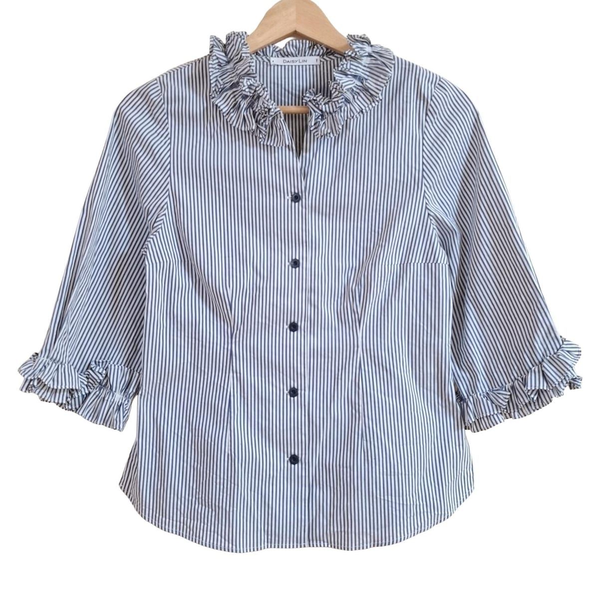 DAISY LIN デイジーリン 七分袖シャツブラウス サイズ38 M レディース 白 ネイビー ストライプ フリル