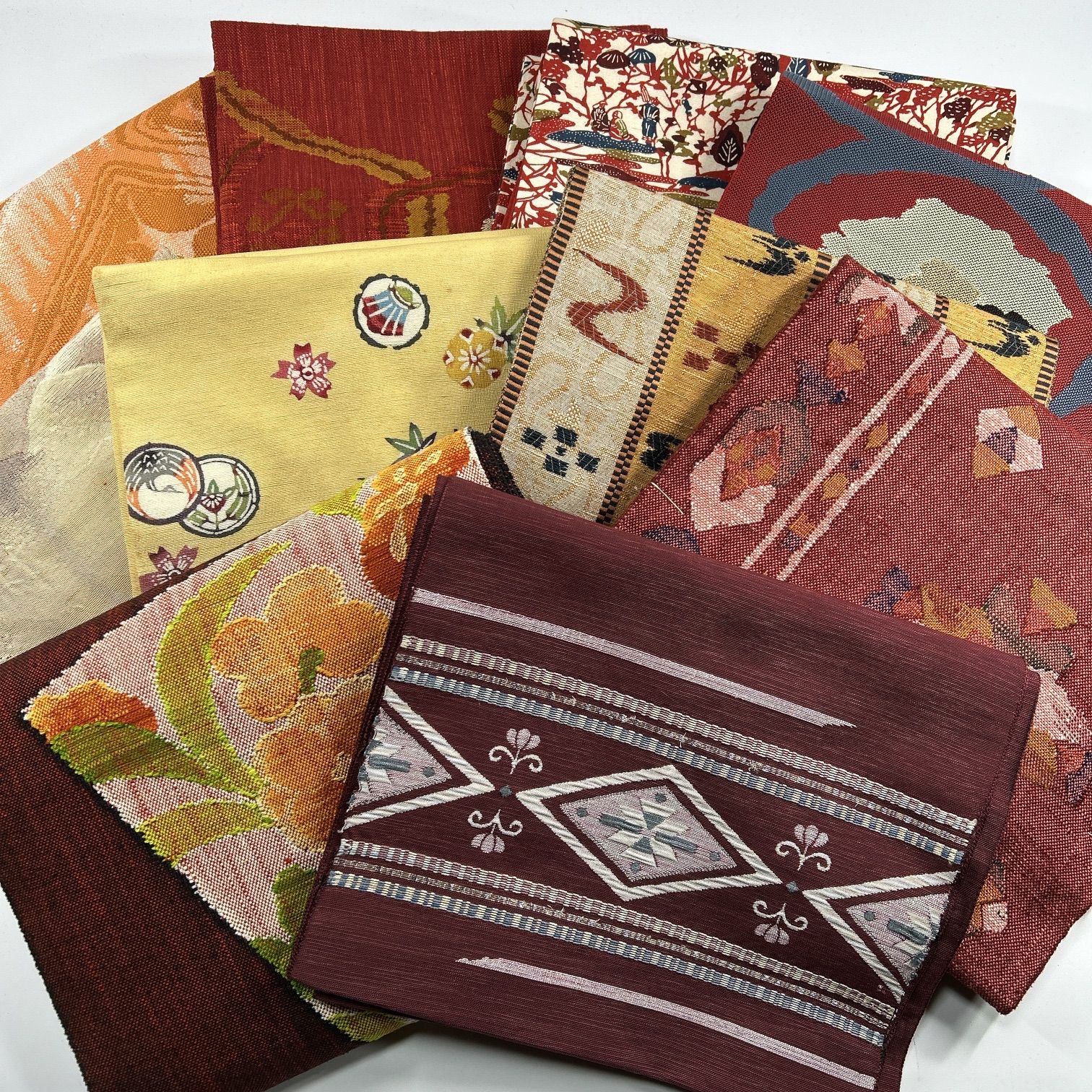 専用帯2871 2338 2486 3402 3219 五点セット ●高級 正絹 双鳥花襷紋」名古屋帯地 織楽浅野製(i98260Bd) 未仕立品紹介