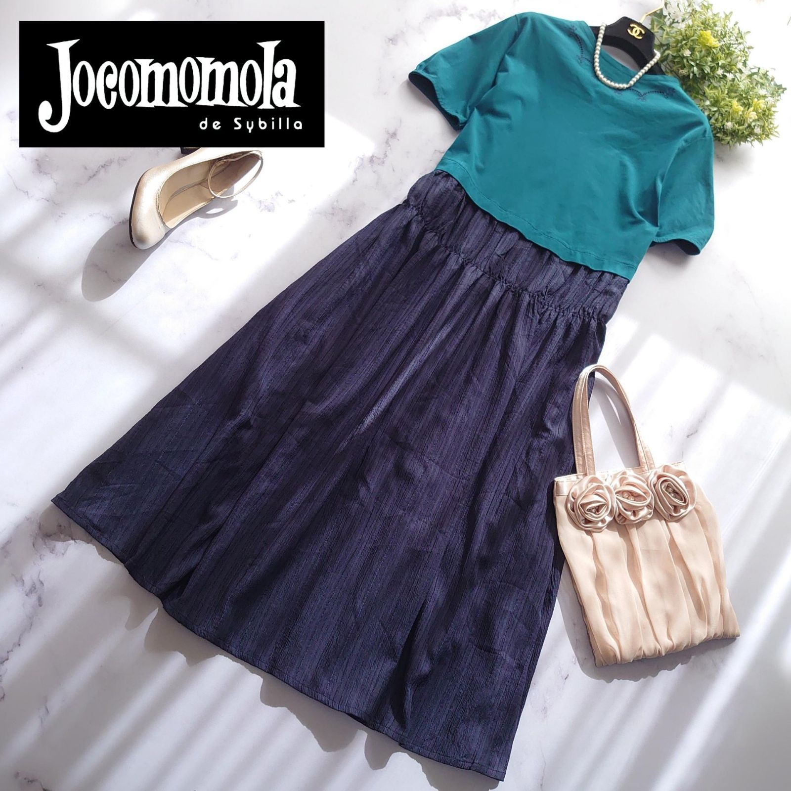 24 AW ホコモモラ スカラップ刺繍ドッキングワンピース ロング ブルー 40