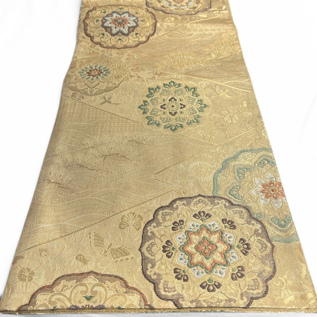 袋帯 華紋 唐花模様 鳳凰 松 波 金糸 着物 114b ストア p ms 袋帯 華紋