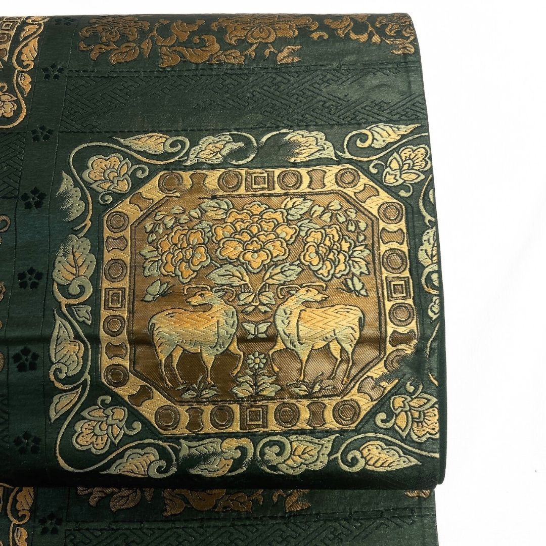 セミアンティーク　袋帯　唐織　梅花　リーフ模様　金糸　銀糸　着物　044a p セミアンティーク 袋帯 唐織 梅花 リーフ模様 金糸 銀糸 着物 044a p