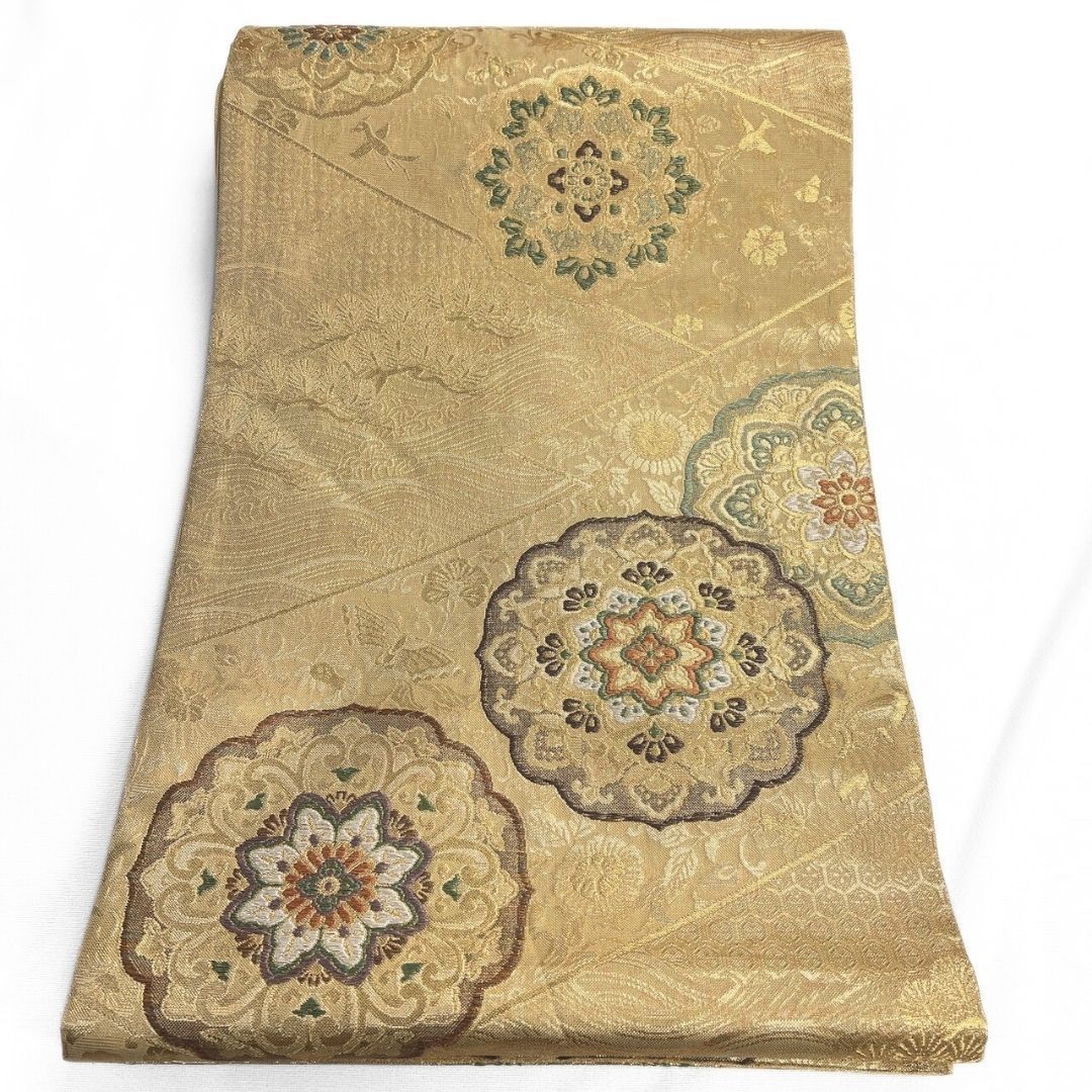 袋帯 華紋 唐花模様 鳳凰 松 波 金糸 着物 114b ストア p ms 袋帯 唐織