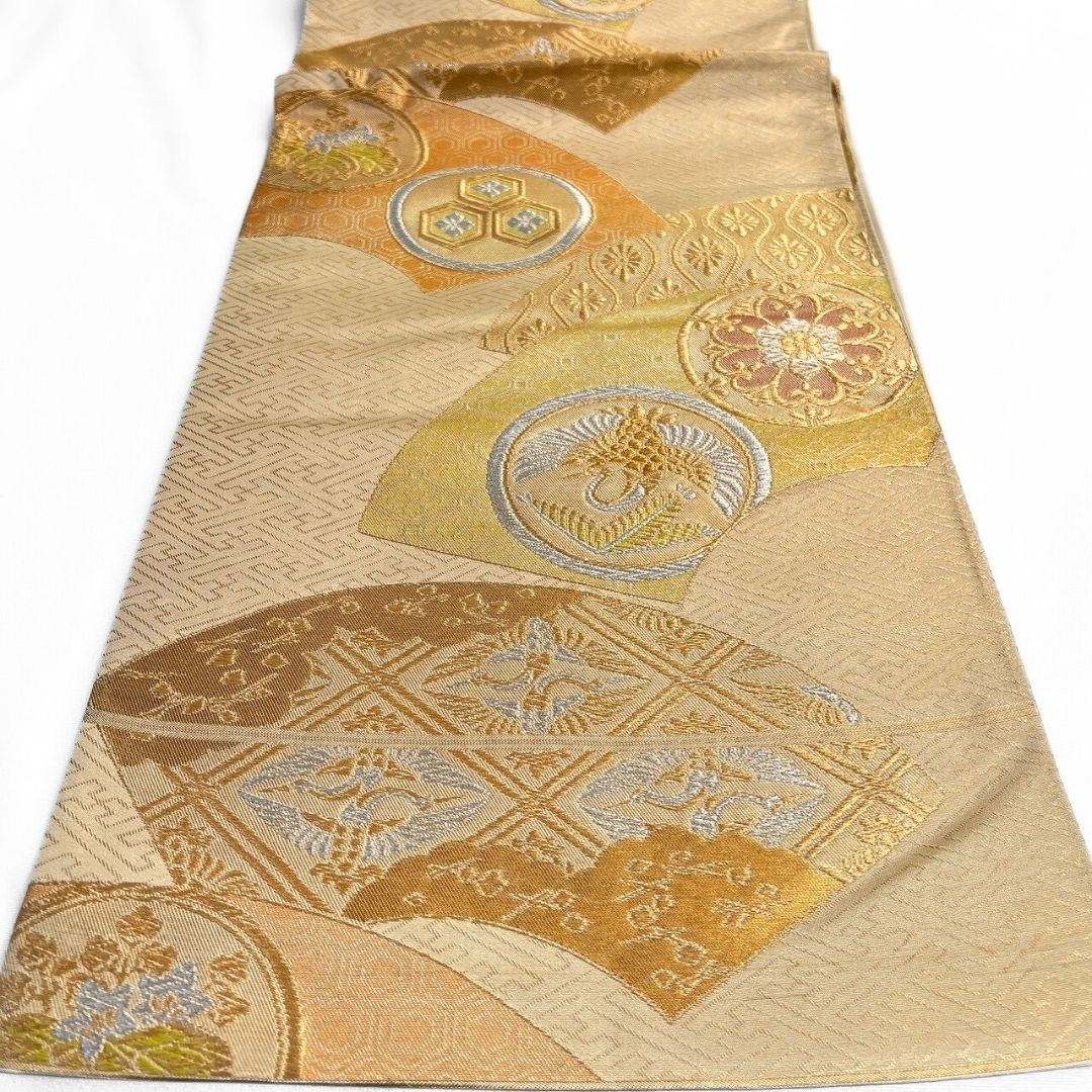 格子　花菱　花紋　鳳凰紋　袋帯　着物　104a p 袋帯 扇 紗綾形 華紋 鳳凰紋 花菱 金糸 着物 114b p ms - メルカリ