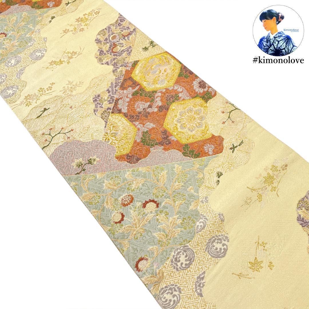 袋帯 正絹 金糸 切嵌 道長 更紗華紋 向かい鳥 淡いクリームベージュ 振袖 成人式 フォーマル着物 kimonolove リユース品 オゾン消臭サービス AO-0621