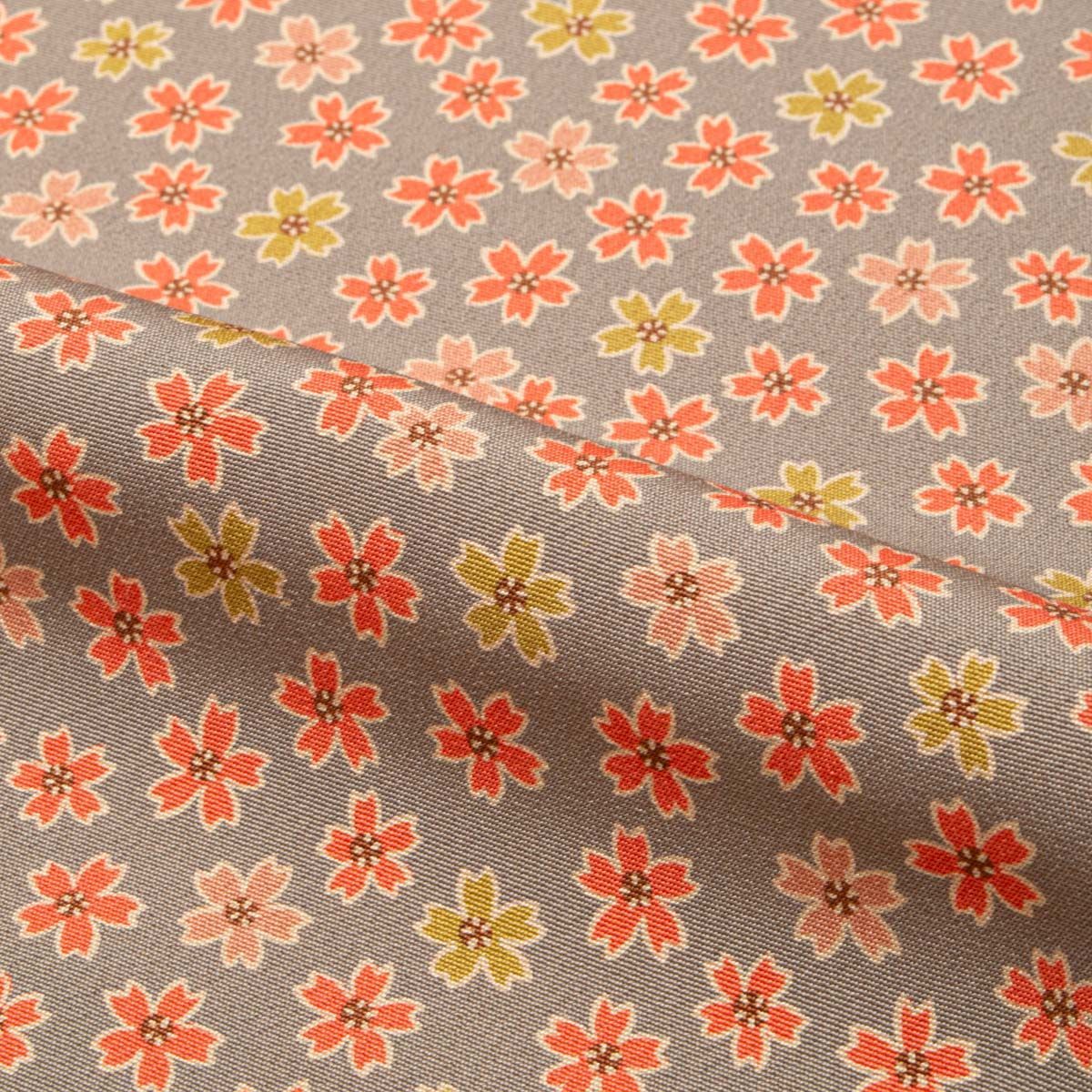 美品】小紋 友禅 桜の花 利休茶 仕付け糸付き 正絹 袷 身丈：約161cm