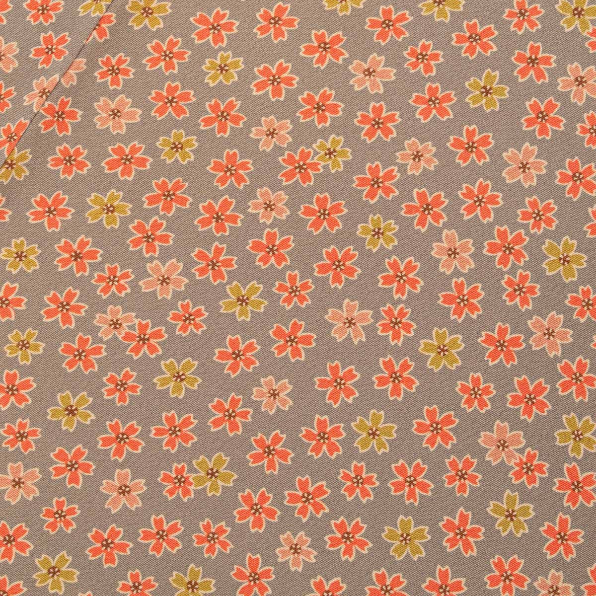 美品】小紋 友禅 桜の花 利休茶 仕付け糸付き 正絹 袷 身丈：約161cm