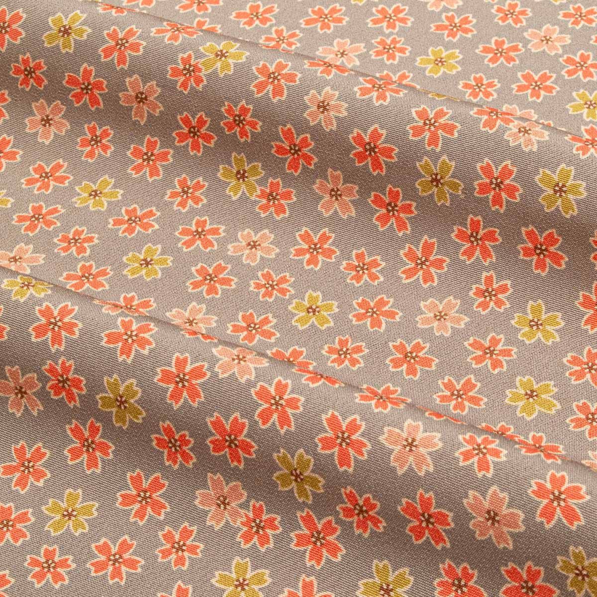 美品】小紋 友禅 桜の花 利休茶 仕付け糸付き 正絹 袷 身丈：約161cm