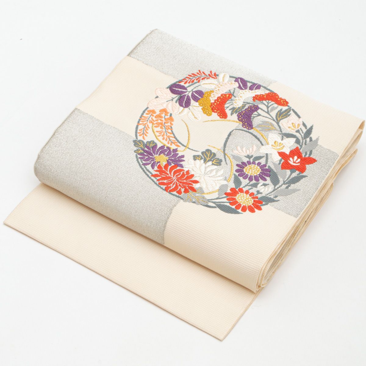 開き名古屋帯 秋草 丸文 市松取り オフホワイト 銀 西陣織 正絹 八寸