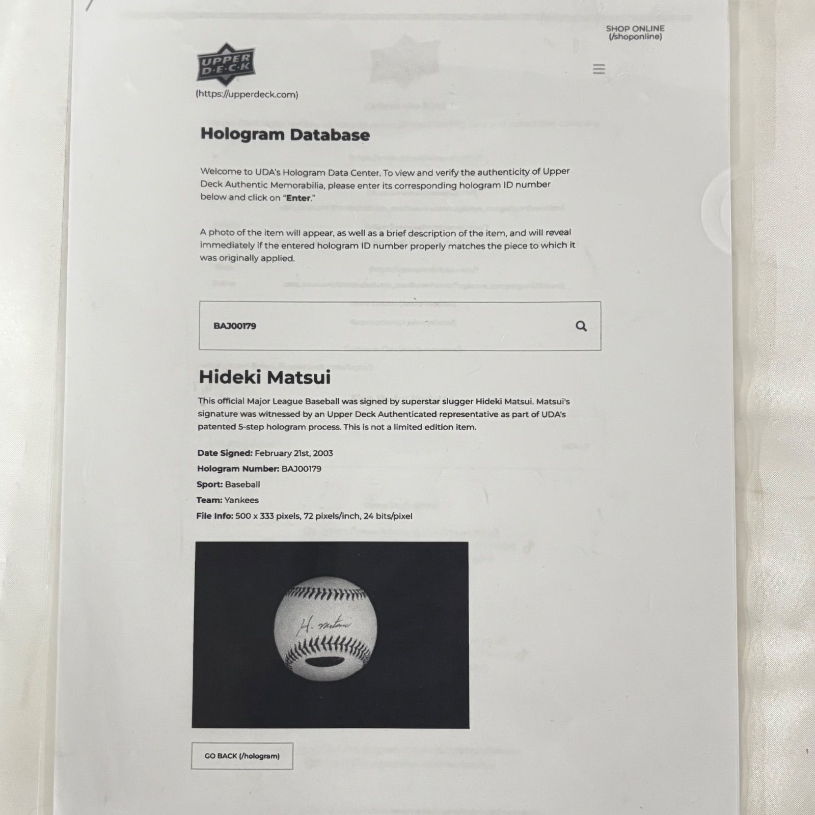 松井秀喜 直筆サインボール UDA認証 MLB公式球 ホログラム・保証書付き