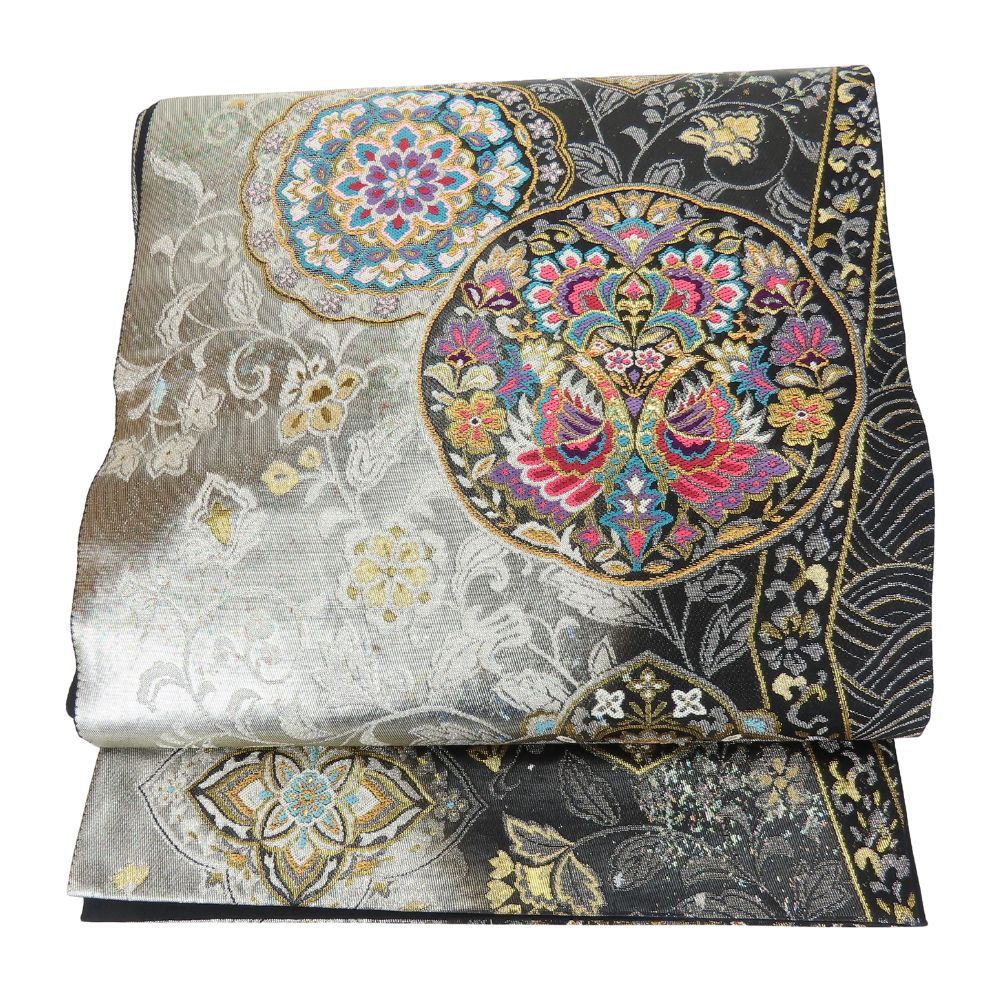 中古 袋帯 煌良錦 正絹(金銀糸除く) シルバー系 ブラック 引き箔 花柄 お洒落 和装 呉服 和服 きもの レディース 女性 中古】 袋帯 煌良錦 正絹(金銀糸除く) シルバー系 ブラック 引き箔 花