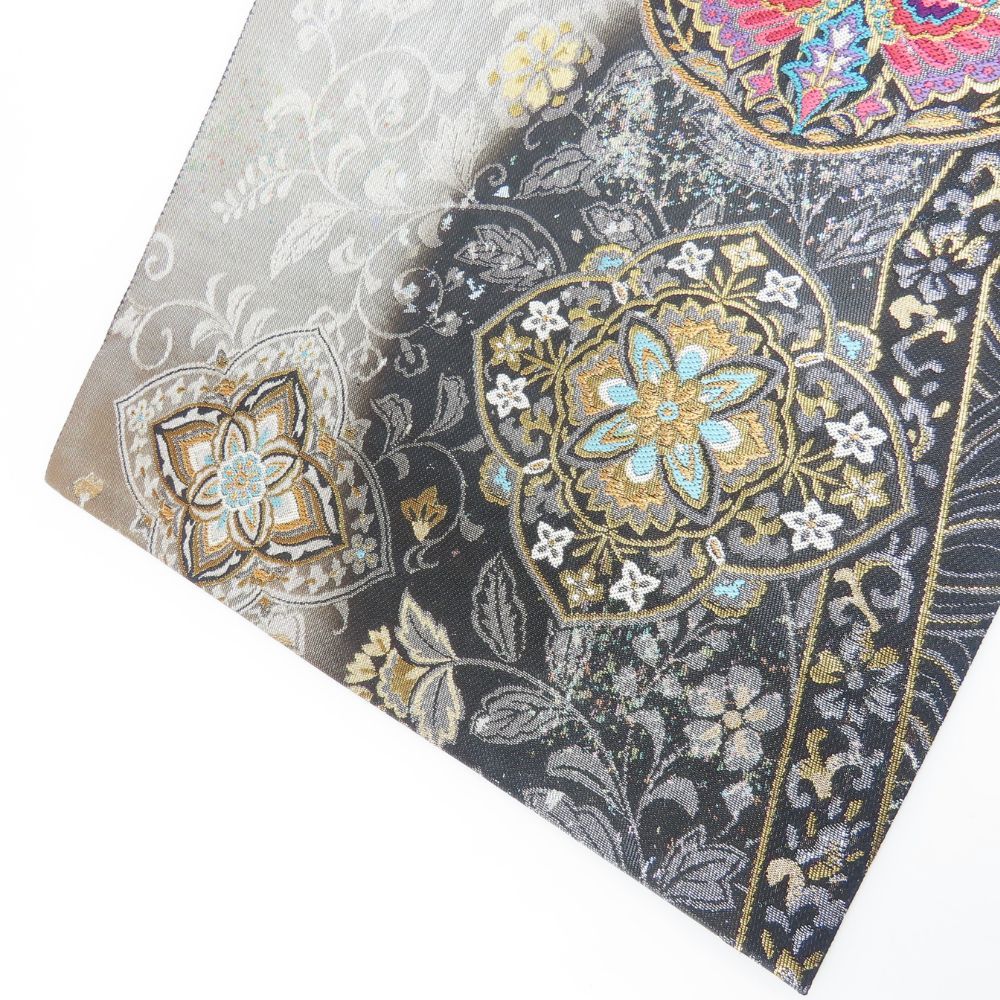 中古】 袋帯 煌良錦 正絹(金銀糸除く) シルバー系 ブラック 引き箔 花