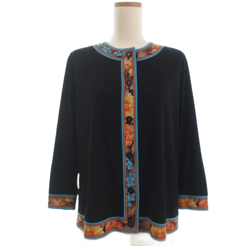 レオナール LEONARD トリム ジャケット カーディガン 花柄 黒 ブラック M ■ECT