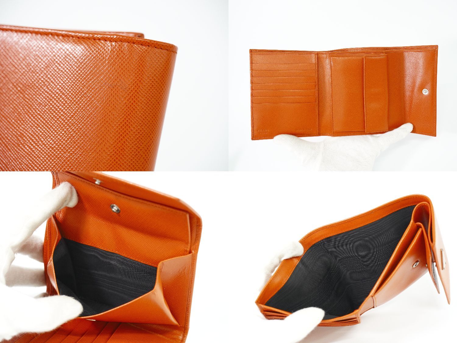 A　PRADA 三つ折り財布 オレンジ 本物 プラダ PRADA レザー 三つ折り 折財布 コンパクトウォレット