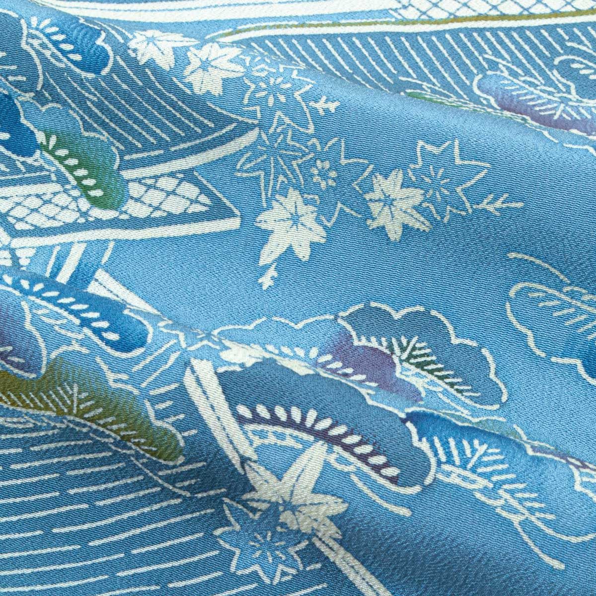 羽織 型友禅 江戸解き文様 青 羽織紐付き 正絹 袷 身丈：約79cm 裄：約