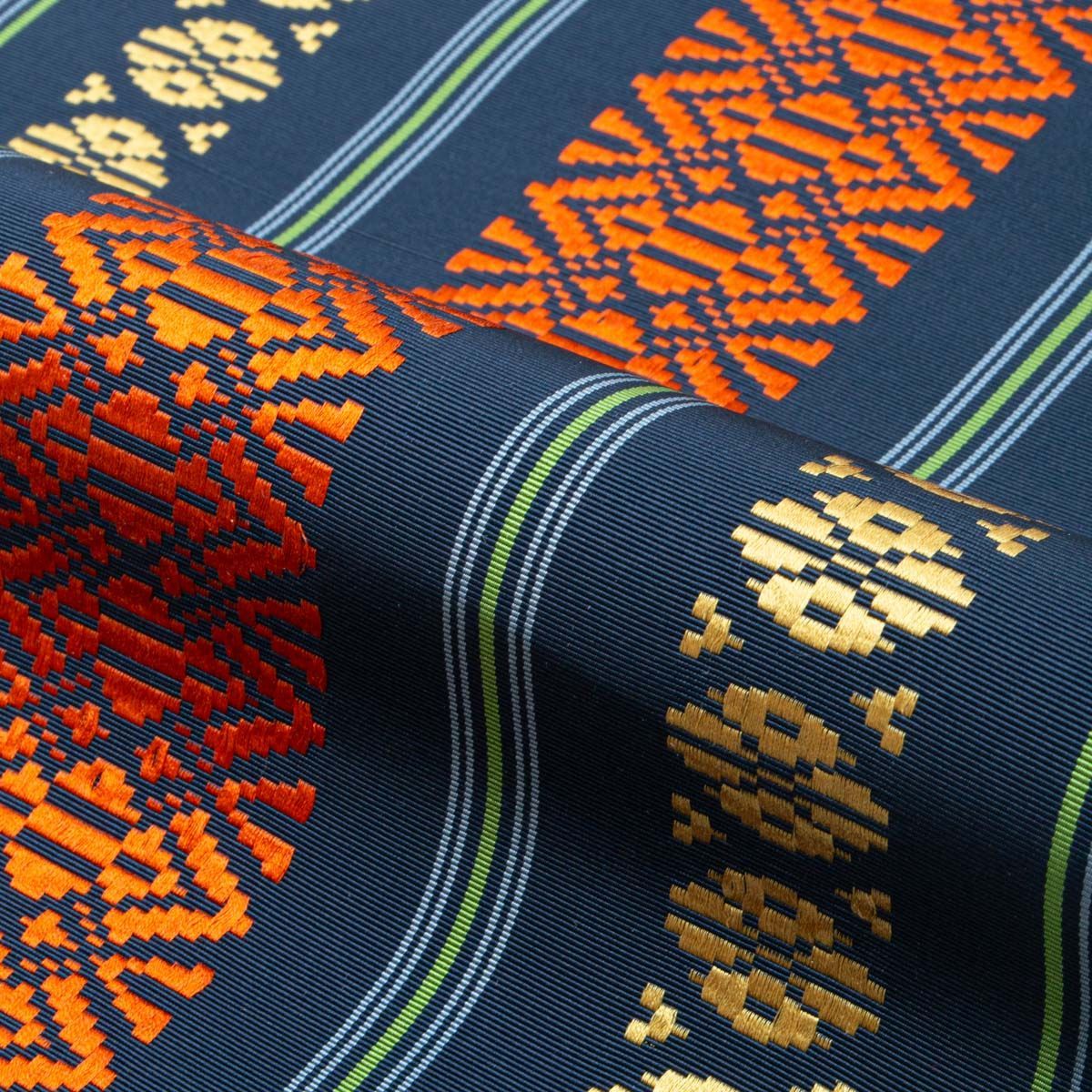 開き名古屋帯 本場筑前 博多織 献上柄 紺 赤 黄色 緑 青 単衣仕立て 長