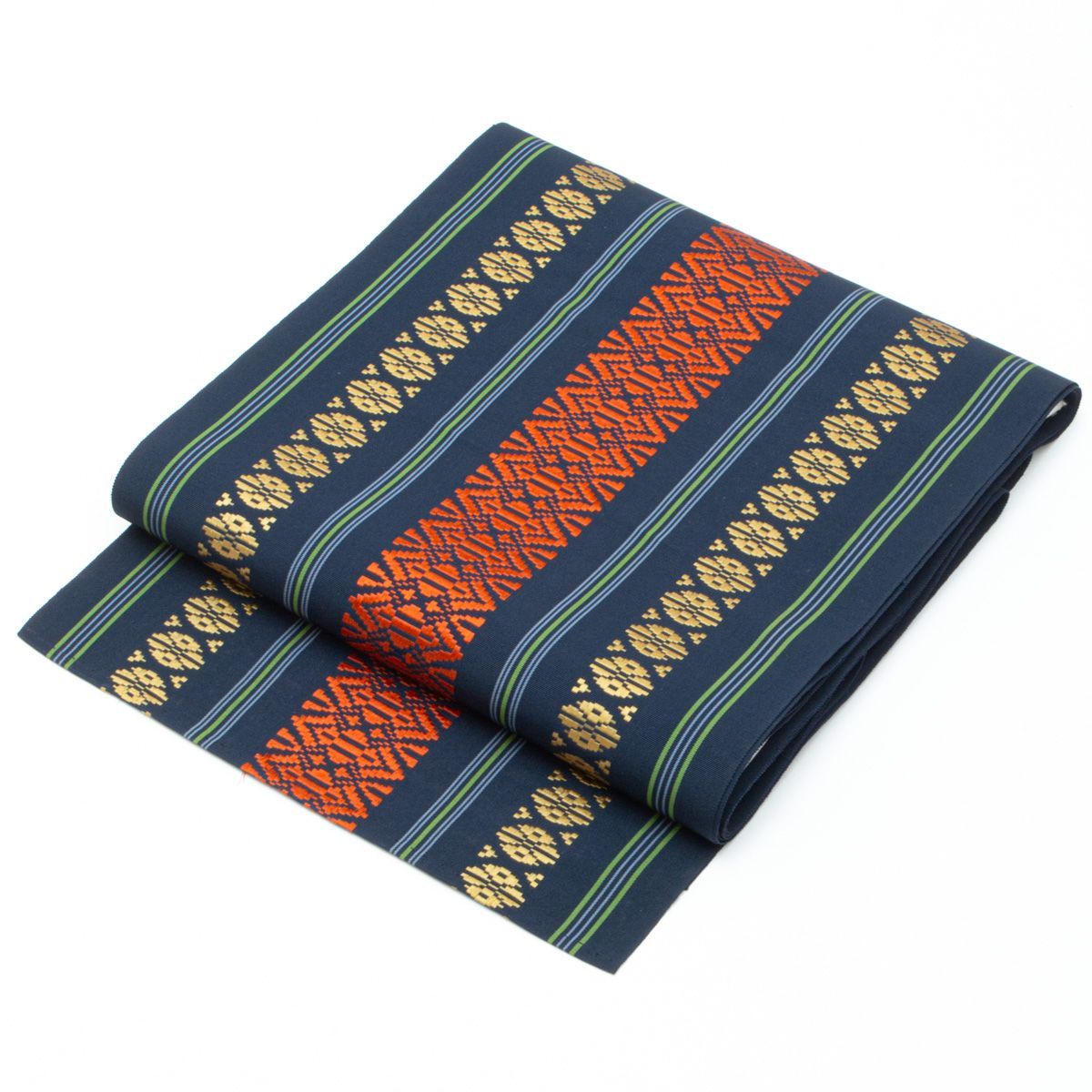 開き名古屋帯 本場筑前 博多織 献上柄 紺 赤 黄色 緑 青 単衣仕立て 長