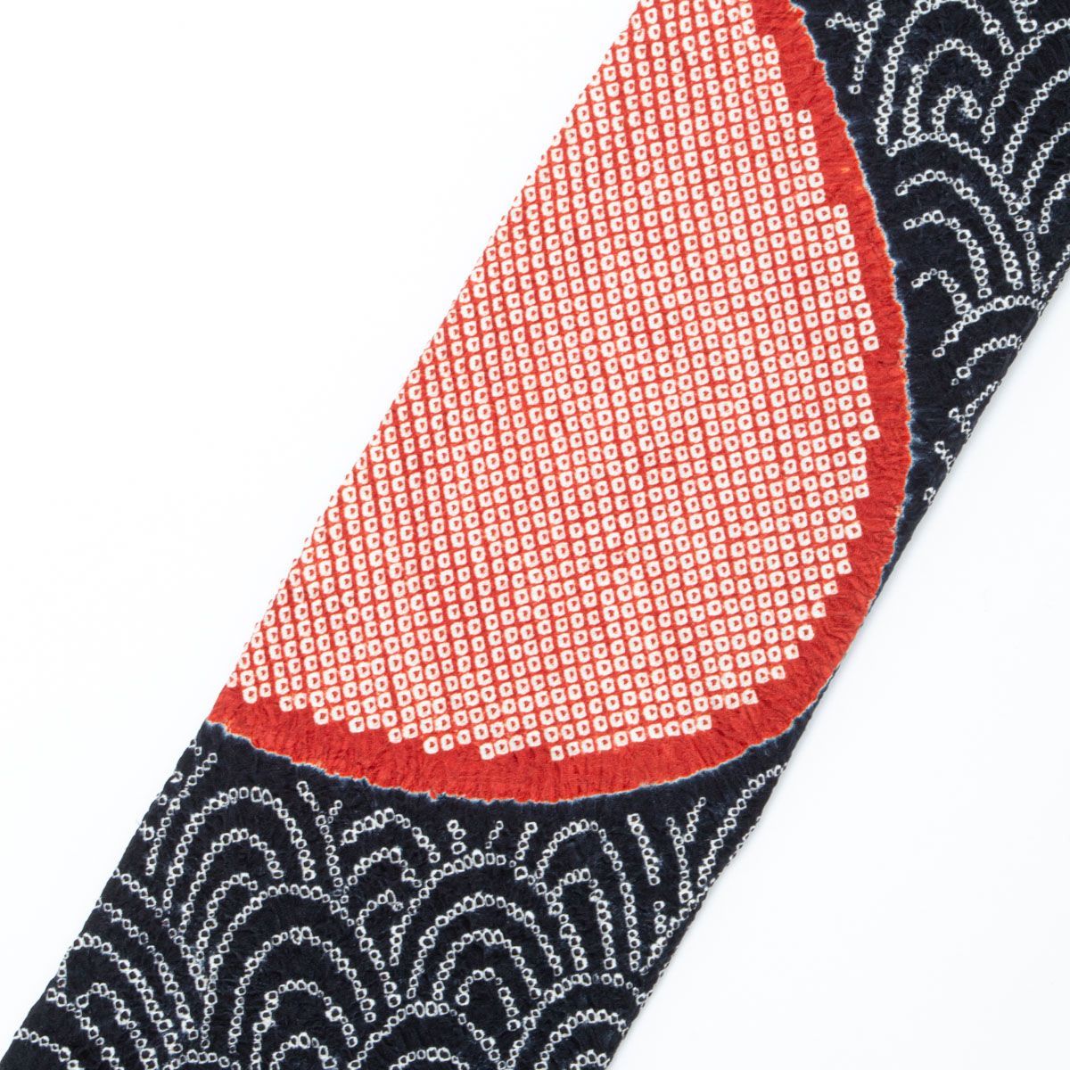 開き名古屋帯 総絞り 鹿の子 青海波 黒 疋田丸文 赤錆色 正絹 九寸