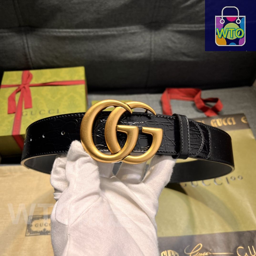 今日特価】GUCCI New Model ブラックレザーベルト with GG Perforated