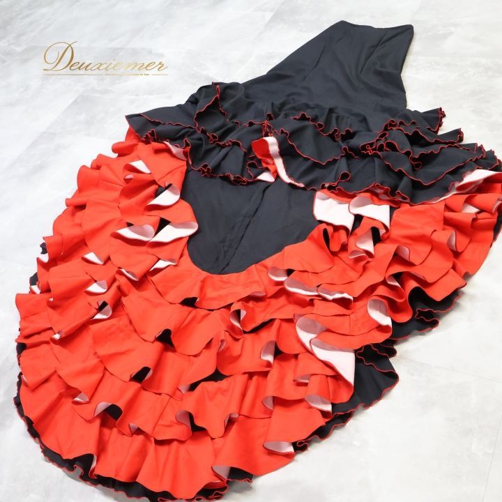 フラメンコ 衣装 バタデコーラ ファルダ スカート 黒 赤 無地 ボランテ