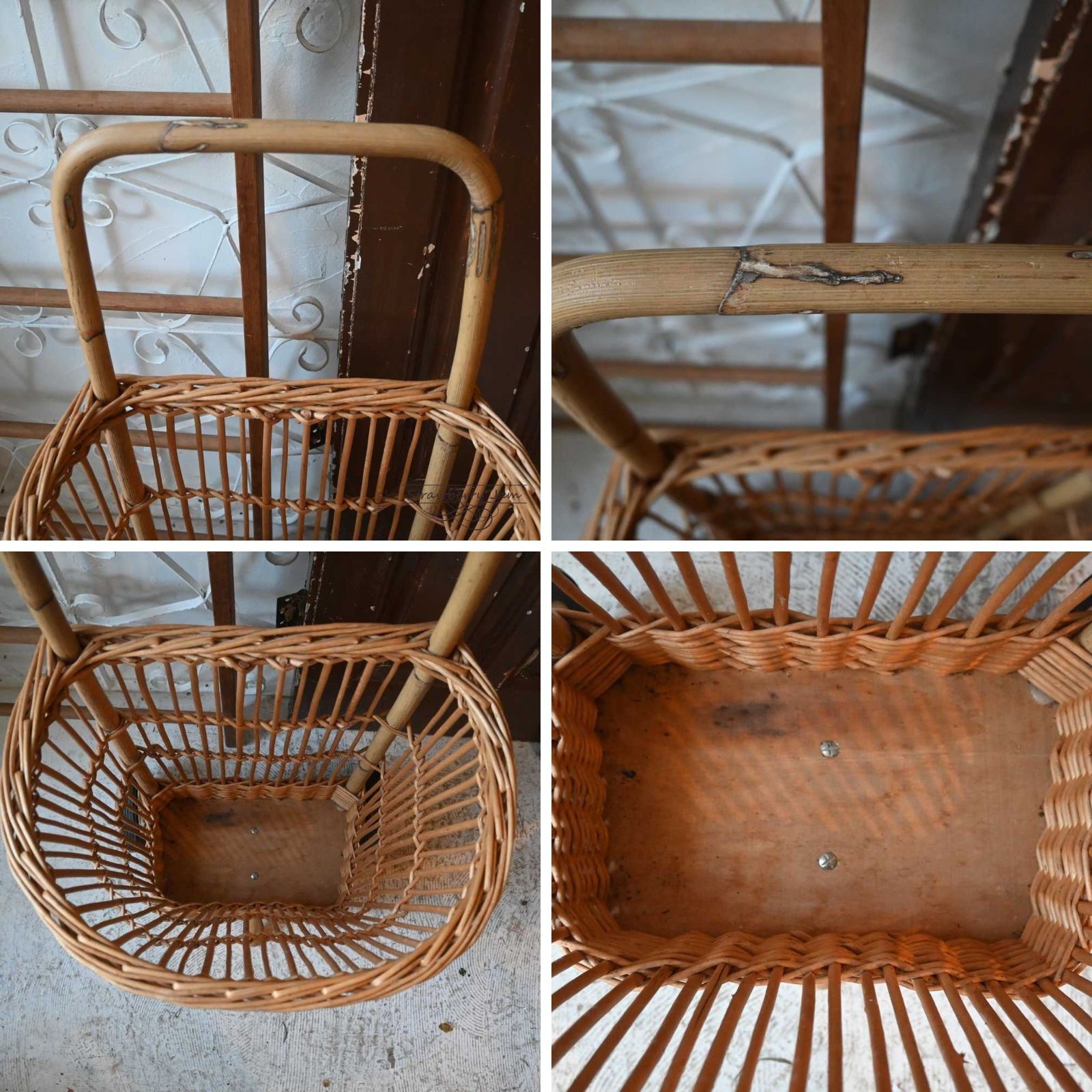 IFU-414 英国アンティーク かご バスケット ラタン カゴカート