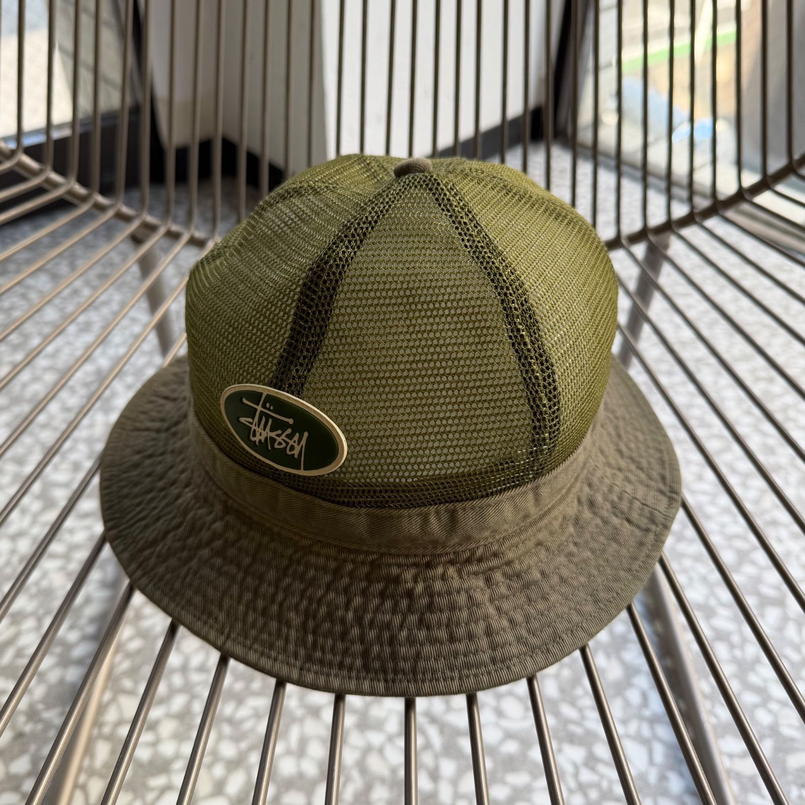 STUSSY 90′s mesh bucket hat メッシュ ステューシー バゲットハット古着フェード通気性ユニセックス フェス 帽子 ストリート Y 2 K ヒップホップ B系 カーキ ミリタリー