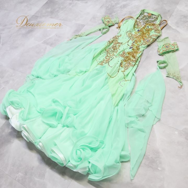 【チャコット】 ゴールド×緑 ドレス 社交ダンス 衣装 チャコット Chacott スタンダード ドレス