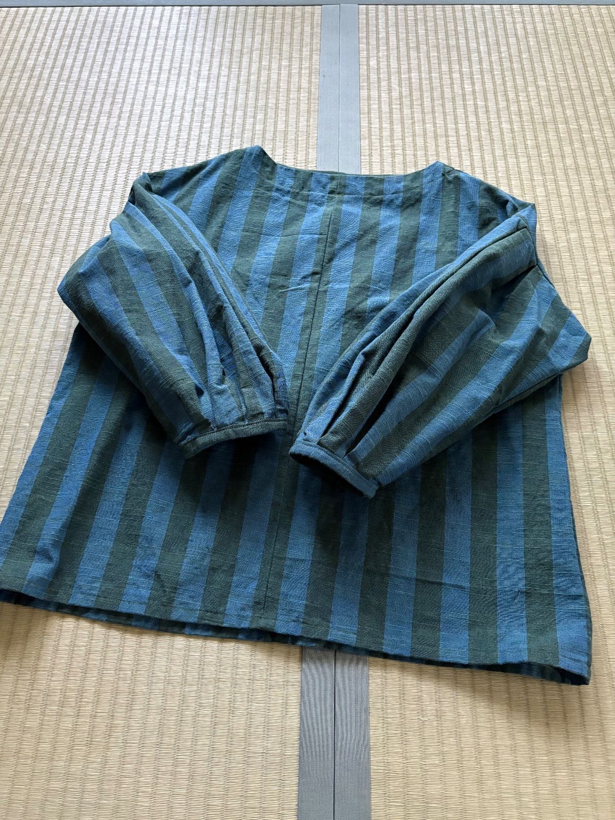 会津木綿 まりも縞 ふんわり袖のカットソー ハンドメイド