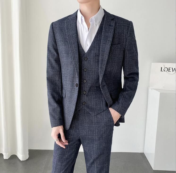  成人式 スーツ メンズ ビジネススーツ 1つボタン チェック柄 お洒落な細身スーツ スリムスーツ 3ピーススーツ ベスト コート ジャケット ファッション