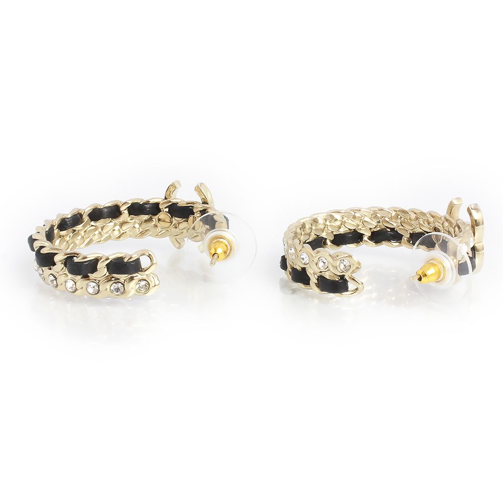 シャネル ココマーク ラインストーン チェーン フープ ピアス レザー