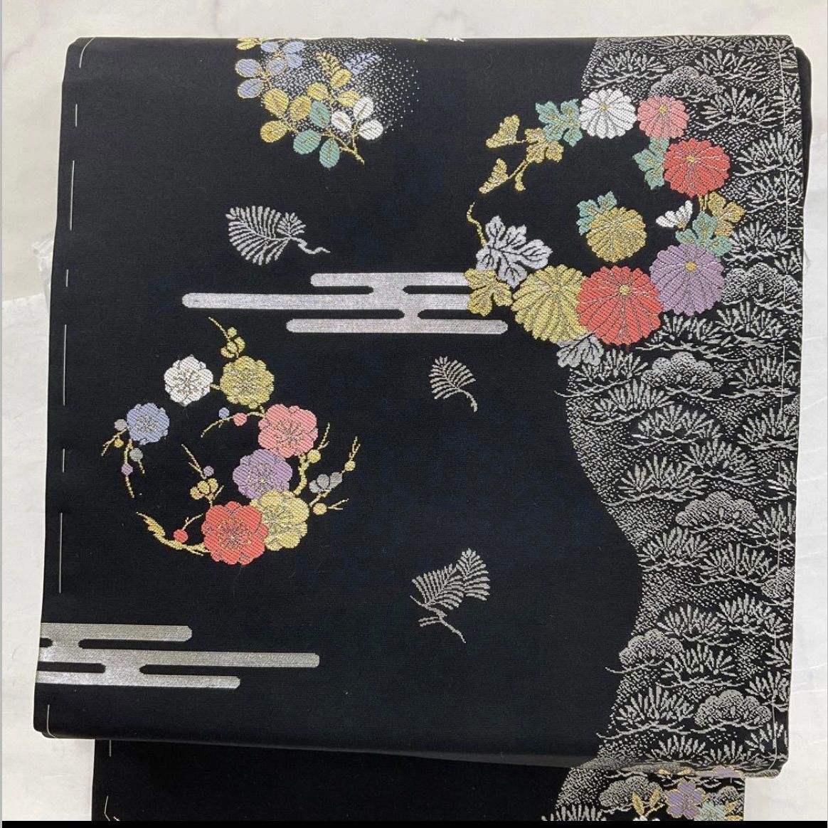 kimono one kimonoarisa 同然 最 西陣織 唐織 黒地 金彩 銀彩 九寸名古屋帯 長尺 正絹 371㎝