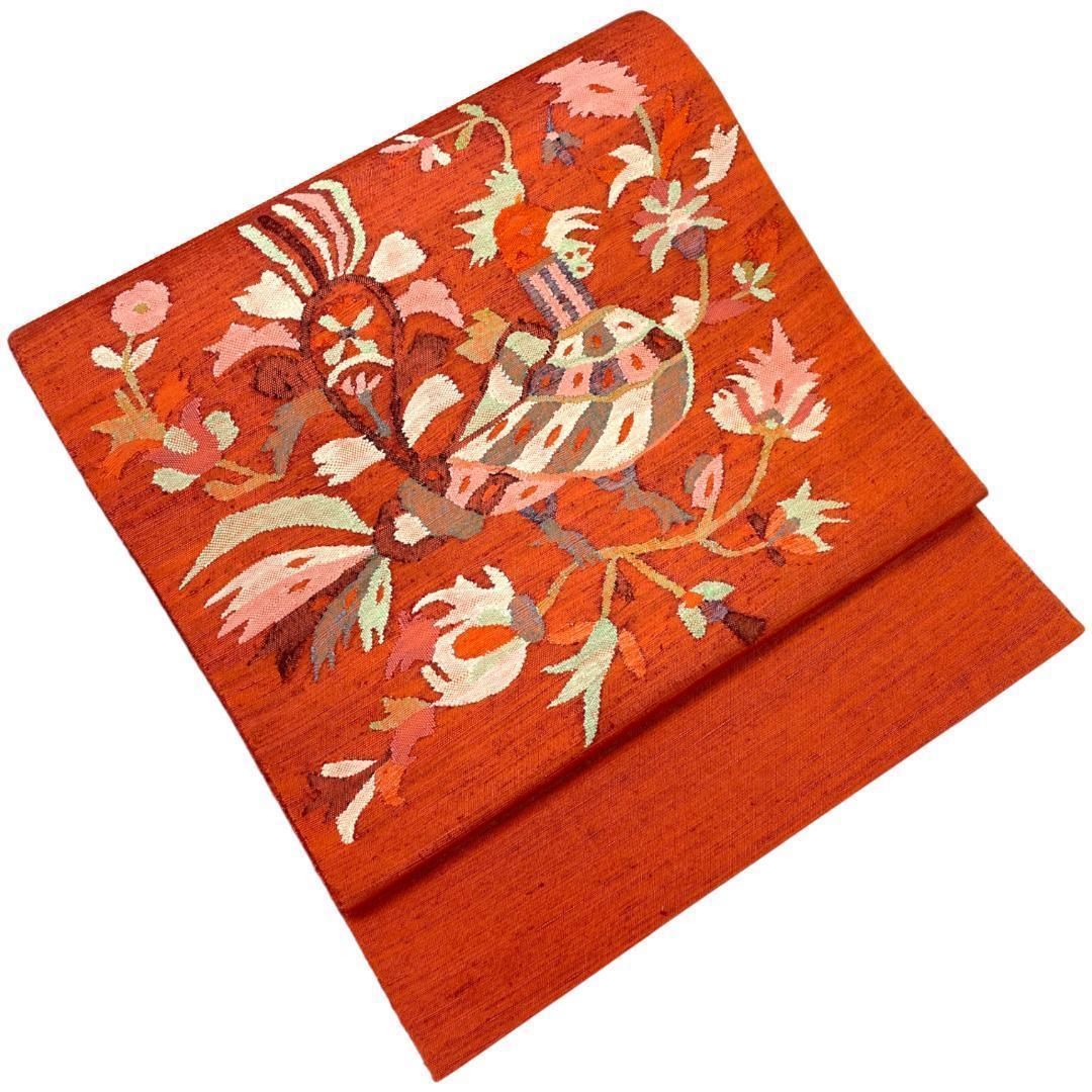 紬袋帯 洒落帯 すくい織 正絹 花鳥柄 渋い朱赤 着物 kimonolove リユース品 オゾン消臭サービス AO 0573