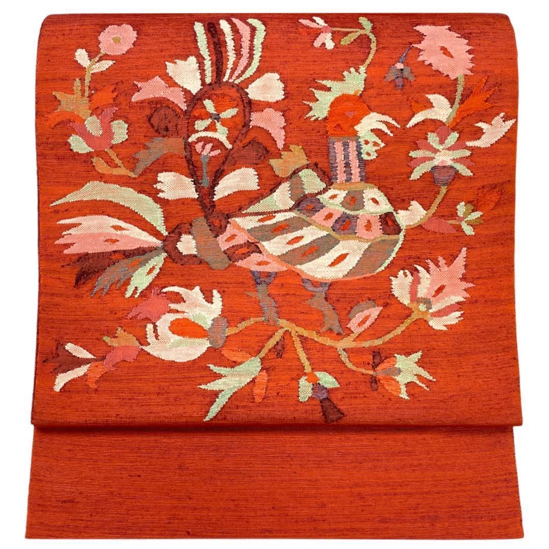 紬袋帯 洒落帯 すくい織 正絹 花鳥柄 渋い朱赤 着物 kimonolove